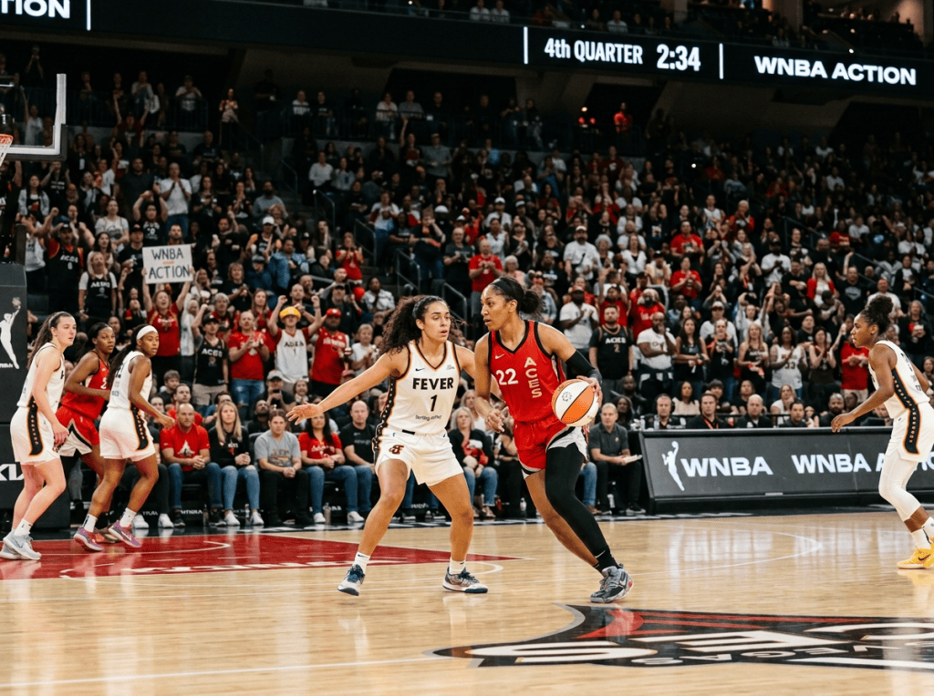 WNBA game: Aces lead Fever 72–68 in fourth quarter.