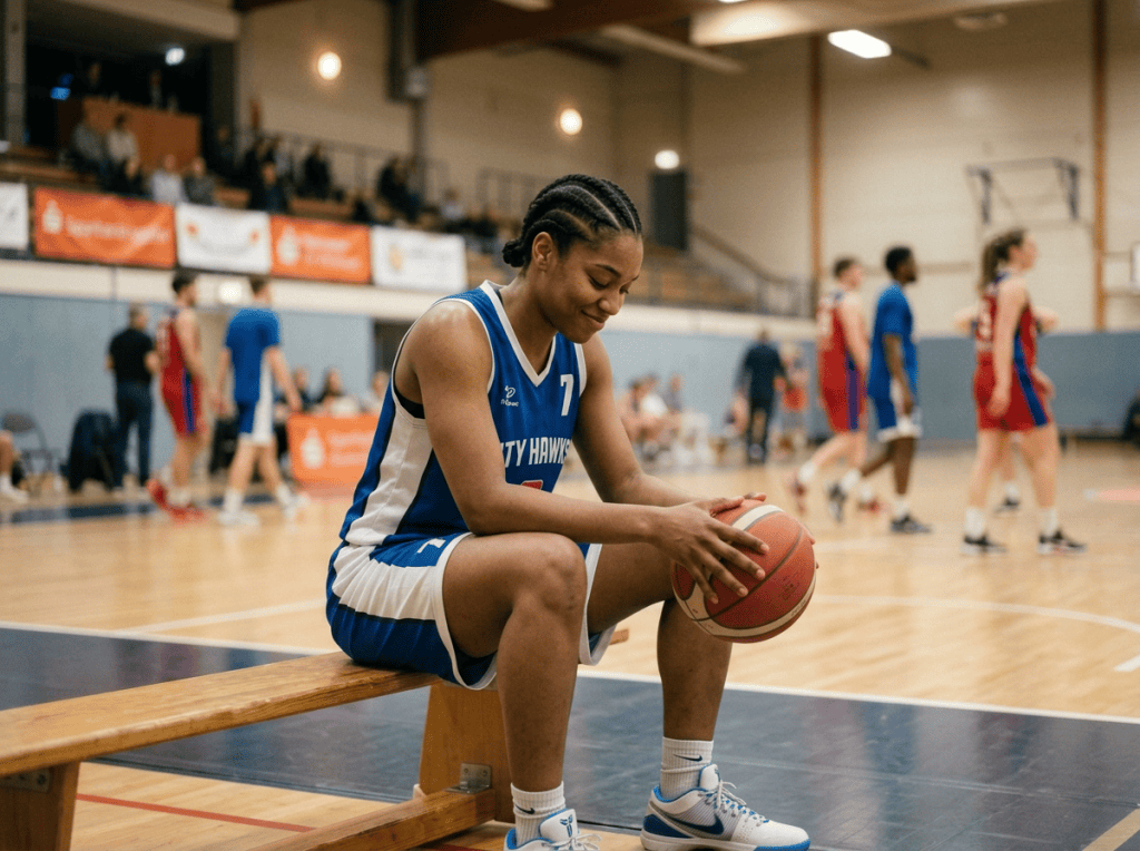 Basketball player in blue uniform sitting on bench with ball