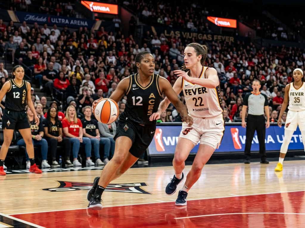Las Vegas Aces player number 10 dribbles past Indiana Fever player number 22.