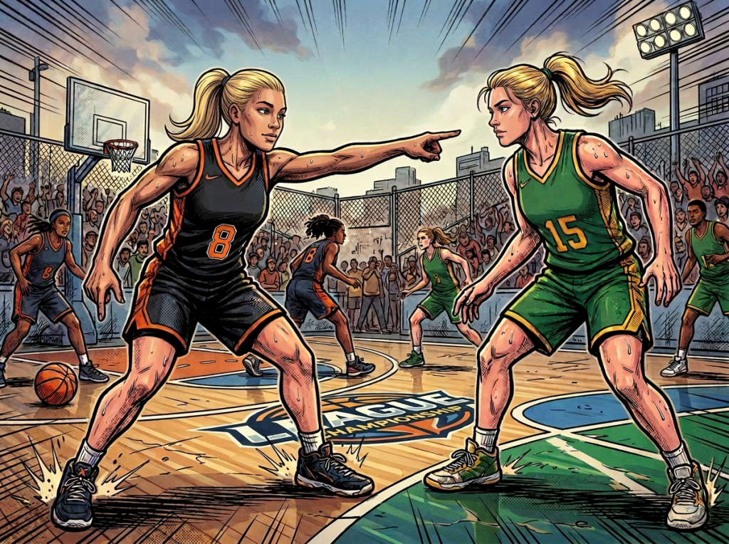 Comic-style basketball scene with Lions player 8 pointing at Hawks player 15; text reads “SWISH!”, “BOOM!”, “YEAH!”, “POINTING FINGER”, “DEFENSE!”, and “CRACKLE!”