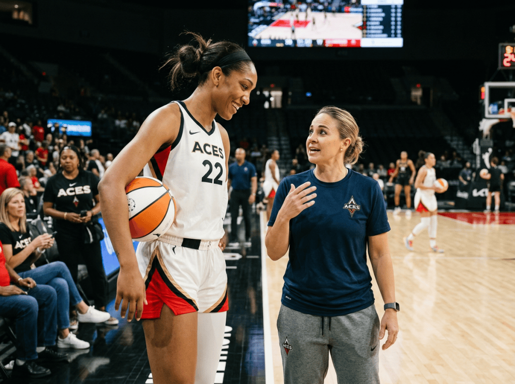 Las Vegas Aces player holding a basketball and speaking with coach courtside