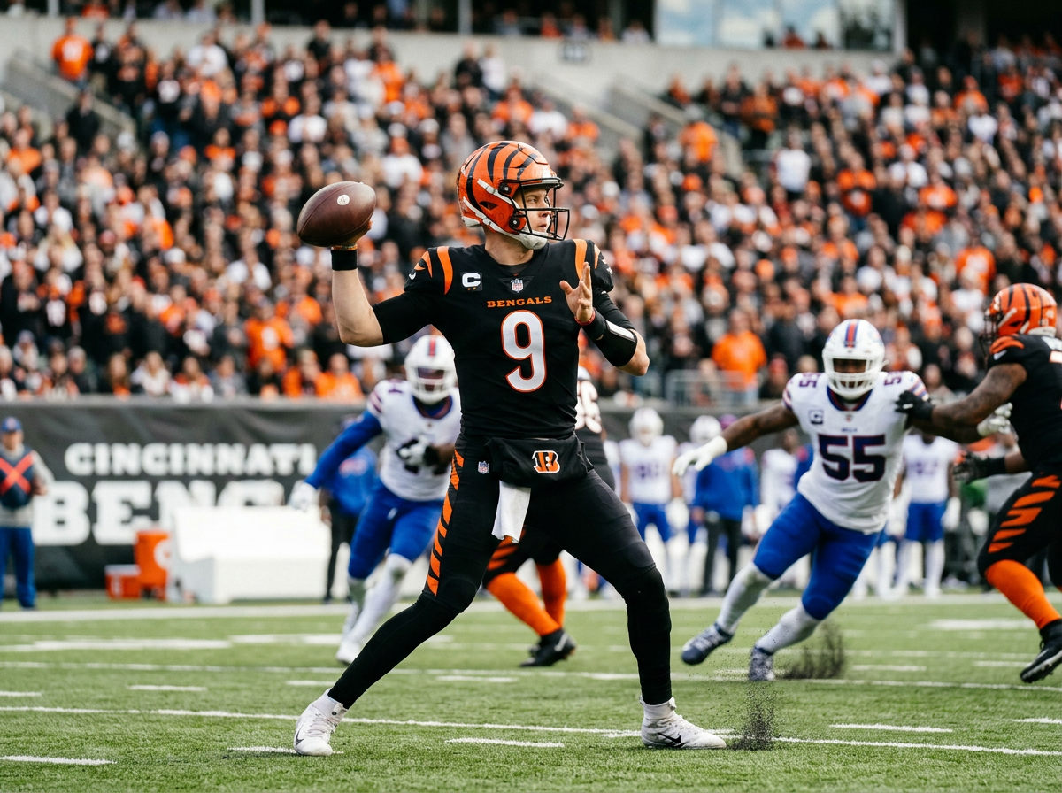 Cincinnati Bengals quarterback number 9 throwing while defenders approach, AI Generated