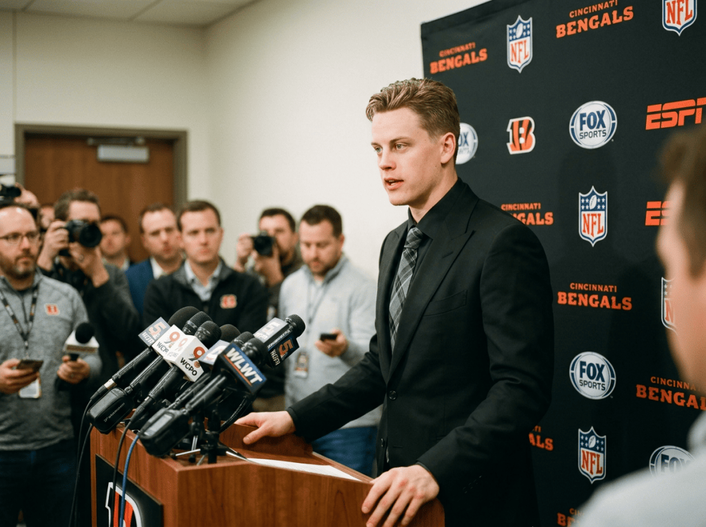 Cincinnati Bengals player speaking at a podium during a press conference