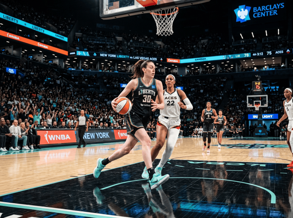 New York Liberty player drives with the ball against Las Vegas Aces defenders.